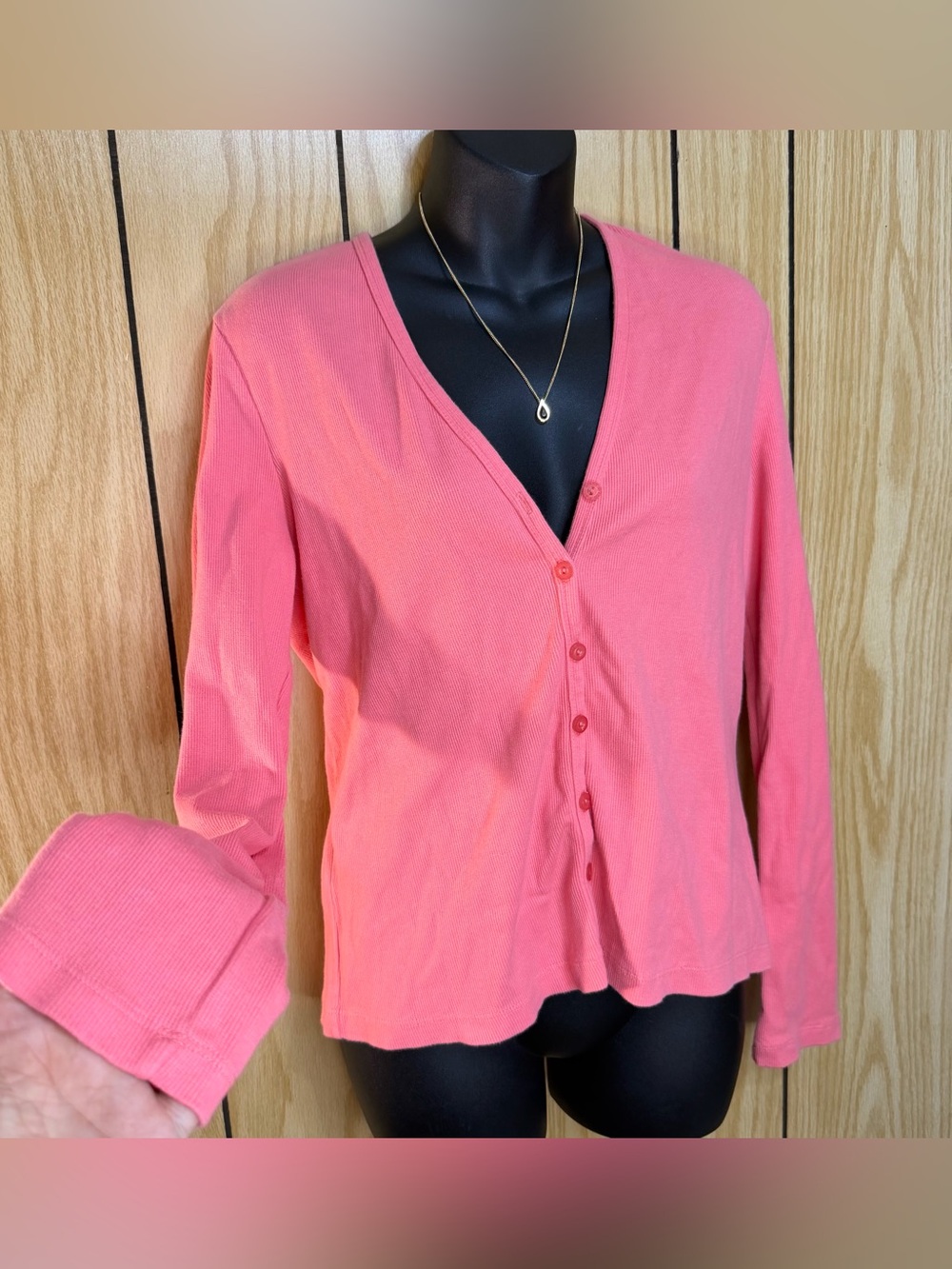 πPink Ribbed Button Front Cardigan - Picture 3 of 4